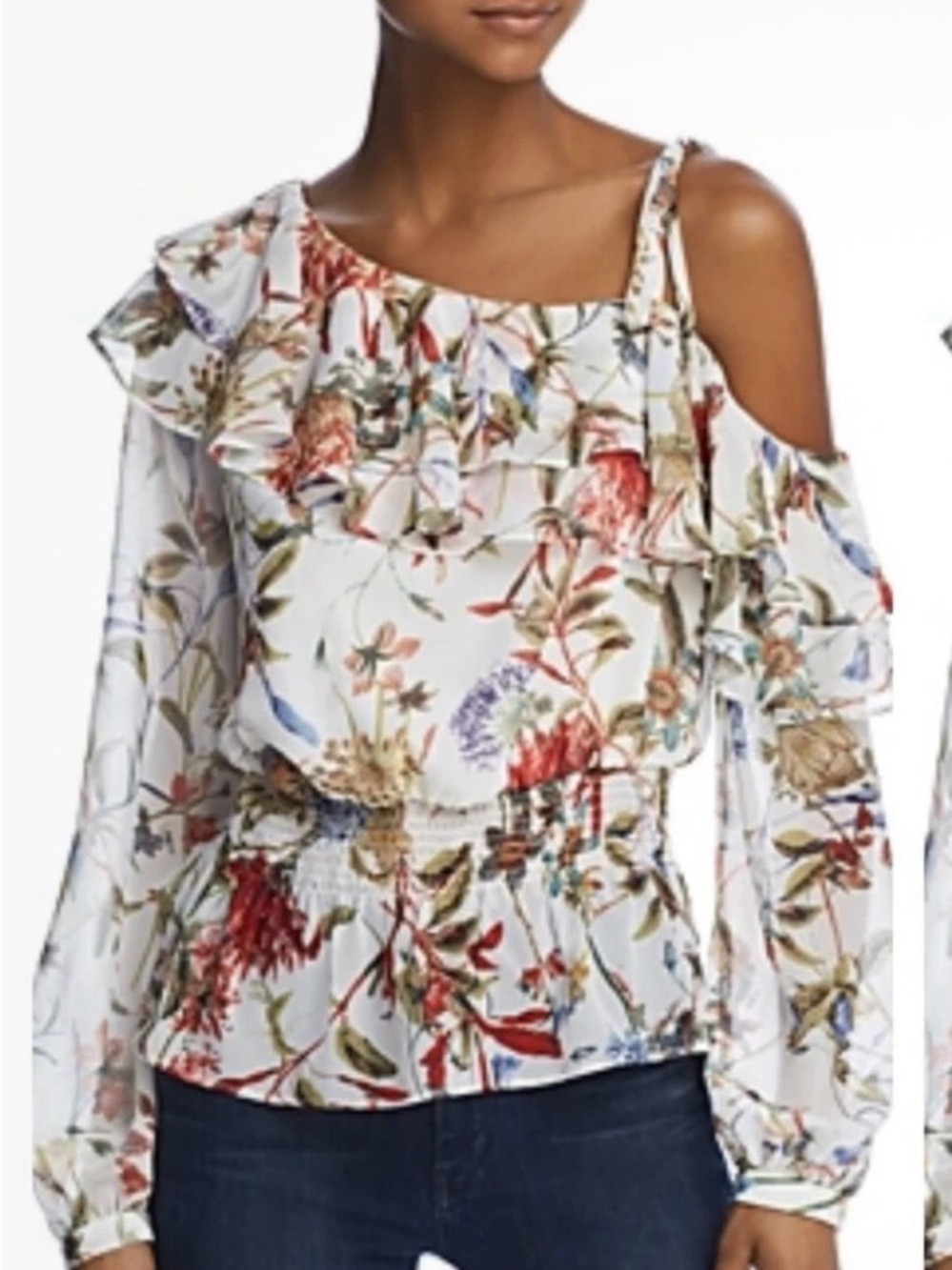 Boston Proper Essue Floral Ruffle Cold-Shoulder Blouse, Size XL, EUC
